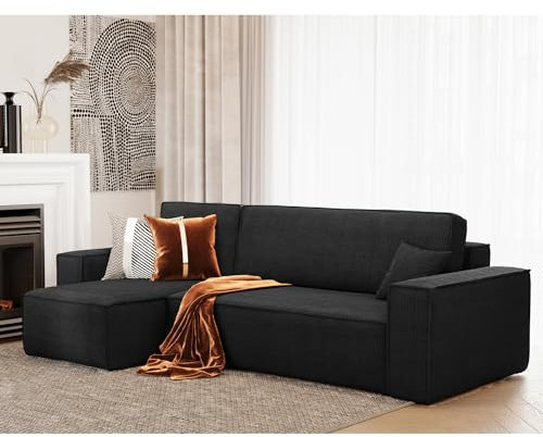 lestockdesign Canapé d'angle Lisa Convertible réversible Coffre Velours côtelé Noir