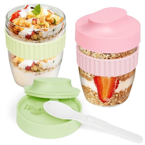 UHAPPER Müslibecher to Go mit Löffel, Joghurtbecher 570ml 2er Set, Müsli to Go Becher Kinder, Yogurt Becher Lunchpot Müslidose für Dieter, Frühstücksbecher für Cornflakes, Oatsome, Little Lunch