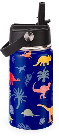 Cutiset Bouteille d'eau isotherme de 300 ml avec poignée à rabat en paille, double paroi en acier inoxydable 18/8 (dinosaures de la jungle)