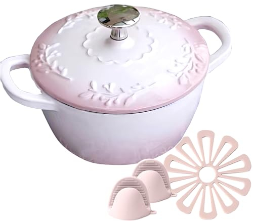 N/A Forno olandese in ghisa con doppi manici per pane al forno, cottura, pentole rivestite in smalto antiaderente Microonde, lavabile in lavastoviglie rosa 1L