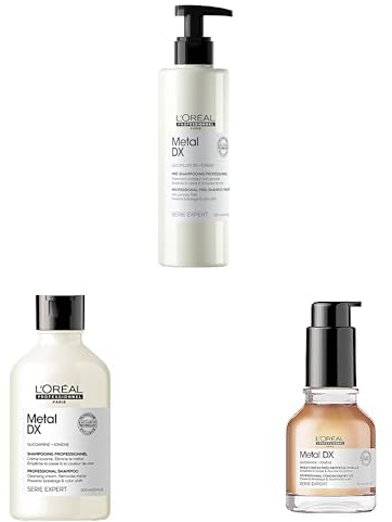 L'Oréal Professionnel Pflegeset für alle Haartypen, beugt Haarbruch & Farbveränderungen vor, Anti-Frizz, Hitzeschutz, Mit Glicoamin & Glicofiller, Serie Expert, Metal DX Pre-Shampoo, Shampoo & Öl