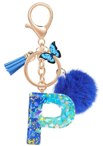 MWOOT Nom Lettre initiale P Porte-clés, Bleu Porte-clés pour Femme, Charmes en Résine Pour Clé Porte Clef Voiture Décor Sac à main