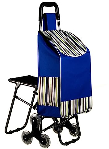 curfair Folding Shopping Trolley with Seat on 6 Wheels, 40L Stair Climbing Shopping Cart, Grocery Trolley for Shopping Travelling Camping Picnic (Blue)