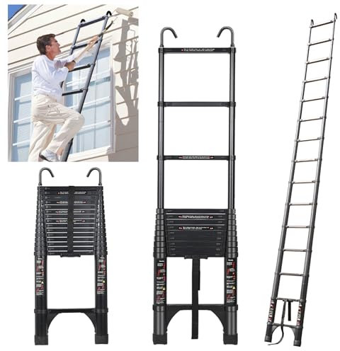JADDUO Telescopic Ladder, 6.2 m, Aluminium Folding Ladder with Hooks, Folding Step Boards, Aluminium Multi-Purpose Ladder, 150 kg Load Capacity, Step Spacing 30 cm, Black
