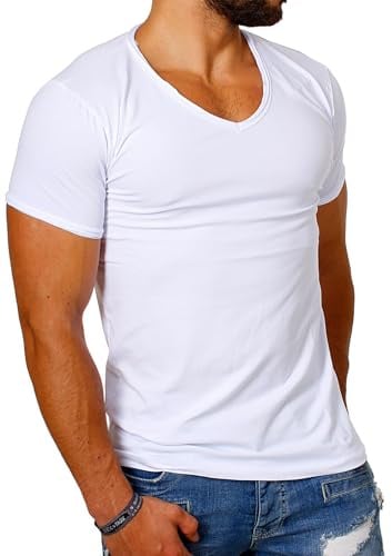 Carisma Herren Uni Basic T-Shirt mit tiefem V-Ausschnitt Vintage Destroyed Kragen Effekt einfarbig Dehnbare Passform, Grösse:4XL, Farbe:Weiß