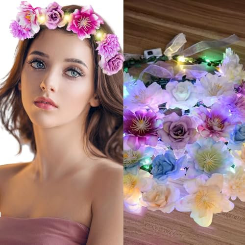 Mineup Blumenkranz Haare Led, 4 PCS LED Haarband mit Blume, Leuchtender Haarkranz, 10 Lampenperlen Blumen-Kopfschmuck, Beleuchteter Blumenkranz für Frauen Freundin Valentinstag Karnevalsparty Hochzeit