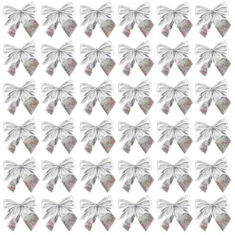 iwiio 36Pcs Christmas Bows Decoration Presents, Christmas Tree Bows, Christmas Ribbon Bows Ornaments for Home DIY Craft,Christmas Tree,Wreaths,Garland Decor (Silver)