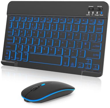 Nsyee Bluetooth Keyboard and Mouse, Universal Compact Wireless Keyboards, Rechargeable Portable for iPad/Samsung/Tablet/iOS/Android/Windows, UK Layout (Black, Backlit Keyboard and Mouse)