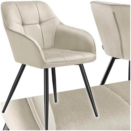 tectake® Karmstol med quiltat sammetslook, elegant stol med bekvämt ryggstöd och armstöd, stabila stålben med halkfria plastkåpor och tidlös design, passar perfekt i matsalen - Creme/Svart