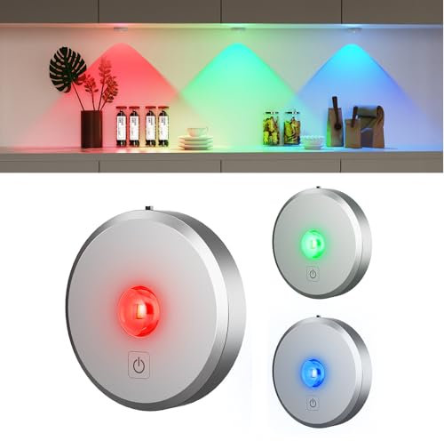 USB Aufladbar RGB LED Spots Akku, LED Schrankbeleuchtung mit Fernbedienung, 12 Farben, Magnetisch Dimmbar Led Unterbauleuchte, Kabellos Vitrinenbeleuchtung mit Timing Funktion(Silber,3er Pack)
