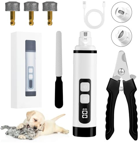 Aomig Krallenschleifer für Hunde 6Pcs Krallenschere Katzen 2 Geschwindigkeiten Elektrischer Hundekrallenschneider mit Ersatz-Schrubbkopf LED Digitalanzeige Leise Nagelschere Elektrische Nagelfeile (A)