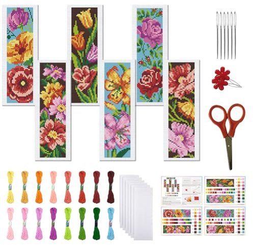 FREEBLOSS 6 Set Gestempeltes Kreuzstich Lesezeichen Set Blumenmuster Kreuzstich Lesezeichen DIY Lesezeichen Kreuzstich Sets Für Anfänger Stick Lesezeichen DIY Sets Für Erwachsene