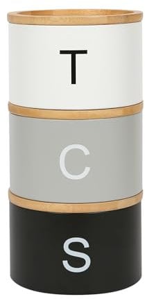 Harbour Housewares Stackable Tea Coffee Sugar Canisters with Bamboo Lids - Monochrome - Stacking 3pc Tea Coffee and Sugar Canisters Set Airtight Kitchen Organiser Food Storage Jars