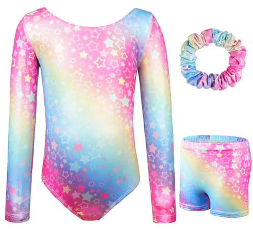 AOOWU Kinder Gymnastikanzug, 3er-Pack Mädchen Langarm Ballettanzug, Klassischer Turnanzug Langarm für Mädchen, Training Tanzbekleidung Gymnastikbody Tanzbekleidung Wettkampf (120 Code)