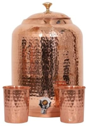 Lalit Kishori Handmade Hammered Pure Copper Water Dispenser Pot | Ayurveda Healing Water Storage Tank | Heavy Gauge Containers | Mug Pitcher With 2 Hammered Glasses (Brown, 5 Liter / 169 OZ)