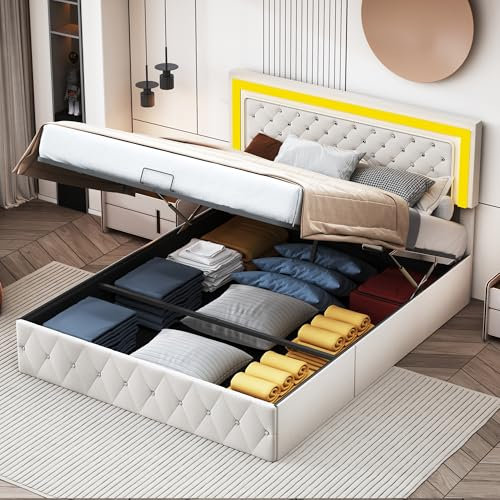 JYNVO Polsterbett 160x200 cm mit hydraulischer Aufbewahrung und LEDBeleuchtung, Beiges Samtbett mit Bettkasten, Modernes Stauraumbett, Doppelbett, Teenagerbett, Ohne Matratze