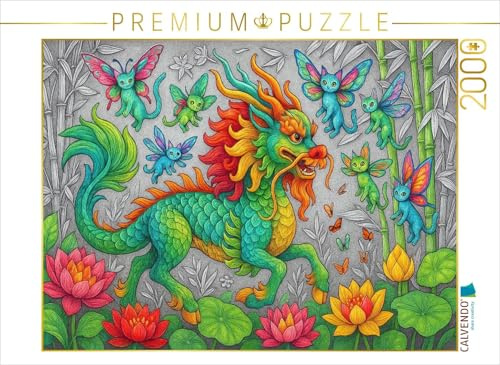 CALVENDO Puzzle Chinesischer Qilin und Libellenkatzen | 2000 Teile Lege-Größe 90 x 67 cm Foto-Puzzle für glückliche Stunden