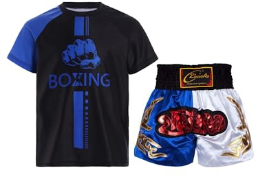 Vxuxlje Kinder Boxershorts Mit T-Shirt Box Uniform Muay Thai Shorts Elastischen Boxhosen Trainingsanzug Sportanzug Fitness Outfit Blau Weiß 158-164