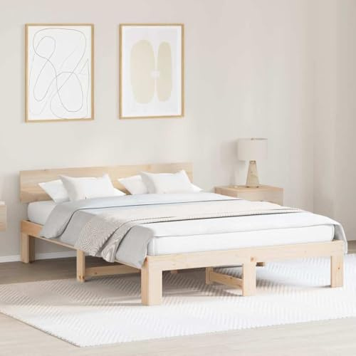vidaXL Massivholz Kiefer Bettrahmen 140X200 cm Natur Minimalistisch Kopfteil Stauraum ohne Boxspring für Erwachsene Langlebig