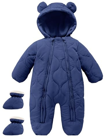 Maeau Combinaison de Neige Bébé Fille Garçon 9-12 Mois Grenouillère Hiver Nouveau Né Barboteuse à Capuche Snowsuit Vêtement de Ski Chaud Combi Pilote Jumpsuit Manteau Polaire Veste Duvet Bleu marine