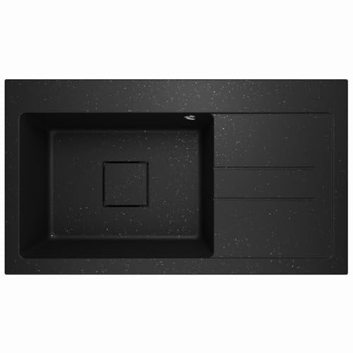 Lavello Granitspüle Schwarz – Tiefe Einbauspüle 88x50 cm – Küchenspüle 1 Becken mit Abtropffläche – Kratzfest & Reversibel – mit verdecktem Ablauf – inkl. Ablauf-Set & Ablaufgarnitur