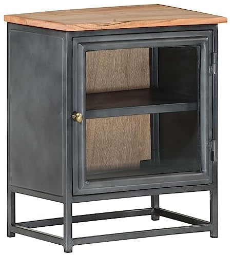 Youuihom Massivholz Akazie Nachttisch Beistelltisch Grau 40x30x50 cm mit Glasschrank Stauraum für Schlafzimmer Wohnzimmer Einzigartiges Möbel