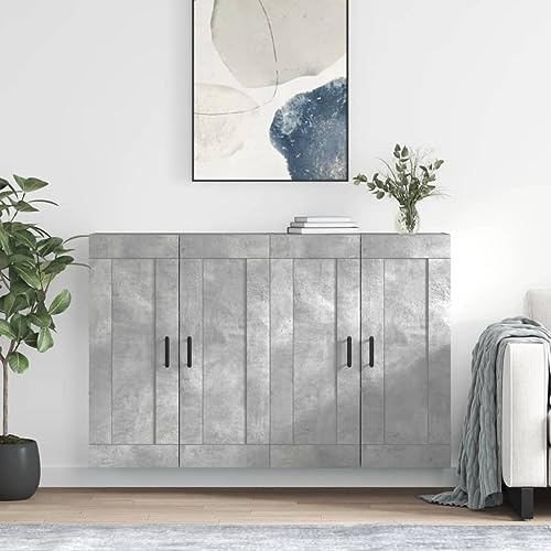 WRJENFSC Betongrau Wandschrank 2er Set aus Holzwerkstoff 69,5x34x90 cm Modernes Sideboard mit robustem Charme zum Aufhängen oder als Highboard für Living Room Küche Flur & Büro