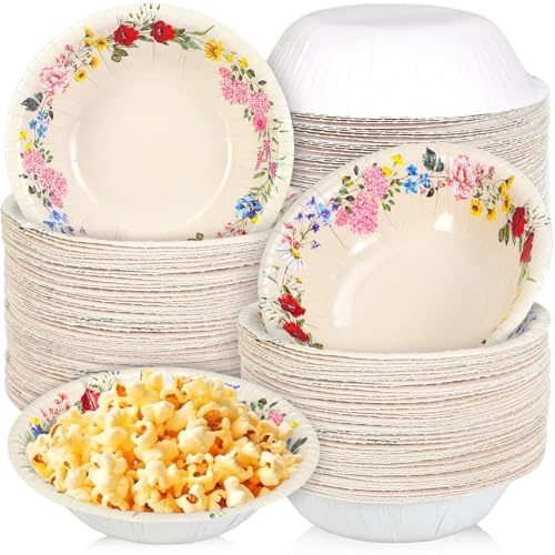 JarThenaAMCS 100Pcs Floral Paper Bowls Disposable Serving Bowl Vintage Wildflower Wreath Salad Dessert Bowls for Spring Wedding Birthday Party Supplies