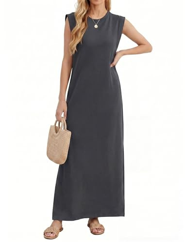 Enmain Womens Maxi Dress Summer Sleeveless Round Neck Casual Basic Long Tank Dresses for Women UK with Side Slit Pockets Leak-Proof Underarm Wrinkle-Free Solid Colour S-3XL