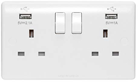 USB Double Wall Plug Socket 2 Gang 13A with 2 USB Charger Port Outlets White Socket Plate