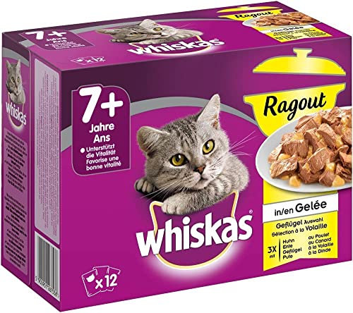 Whiskas 7 + Katzenfutter Ragout – Geflügel-Auswahl in Gelee – Hochwertiges Katzenfutter ab 7 Jahren und älter – Für den Erhalt der Agilität – 48 Portionsbeutel à 85g