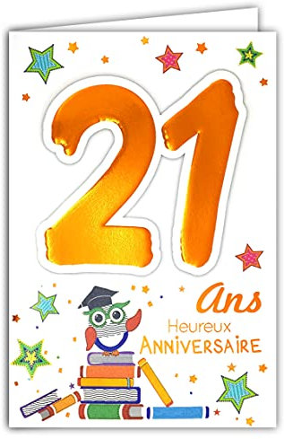 Age Mv 69-2023 Carte Anniversaire 21 ans Jeune Homme Femme motif Etudiant Etudiante Lecture Livres Diplôme Chouette Hiboux Etoiles