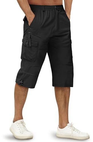 TACVASEN Herren 100% Baumwolle Casual Military Elastische Capri Cargo Kurze Hosen mit Multi Taschen, 36, Schwarz
