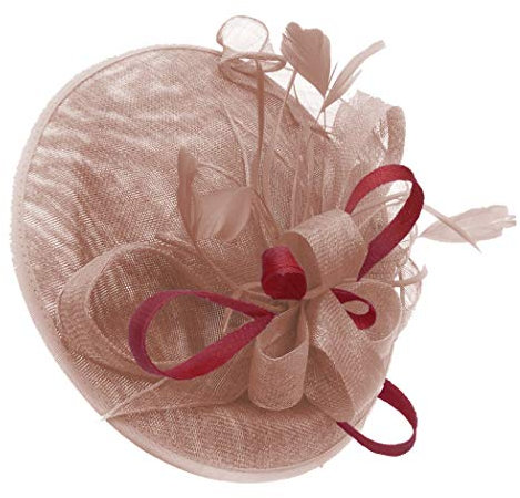 Caprilite Dusty Pink and Burgundy Sinamay Big Disc Saucer Fascinator Hat for Women Weddings Headband