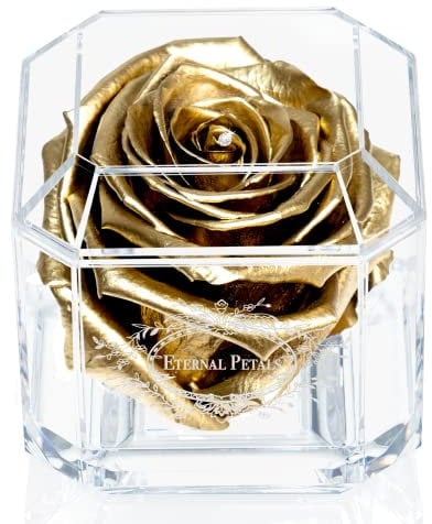 A 100% Real Rose That Lasts Years - Eternal Petals, Handmade in UK – White Gold Solo with A Clear Crystal (Gold)