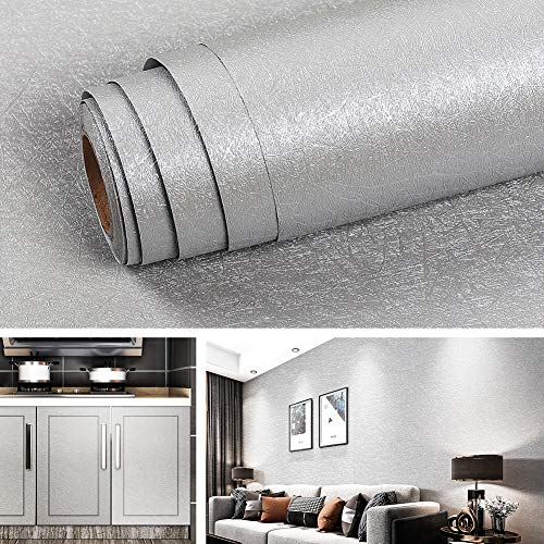 Livelynine Grau Tapete Schlafzimmer Modern Selbstklebende Tapete Badezimmer Wasserfest Selbstklebend Wandtapete Wohnzimmer Silber Klebe Tapete Grau Muster mit Seidenfaden 40CMx2.05M