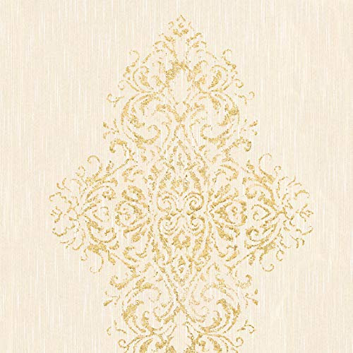 Crème Tapete mit Gold Ornament | Neobarock Tapete mit Gold Glitzer Effekt ideal für Schlafzimmer | Elegante Textiltapete auf Vlies