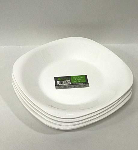 ECO 4 Pc Unbreakable Flat 19 x 19 cm White Round Plastic Plates | Small Bright Flat Kids Plates | Stackable Plastic Reusable Plate for Birthdays, Picnic, BBQ & Parties (White, Small)
