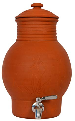 Village Decor Pot d'eau en terre cuite avec couvercle et robinet en acier inoxydable 304 | boue en terre cuite pré-assaisonnée (capacité 4000 ml)