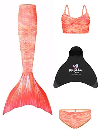 Planet Mermaid Kids Deluxe Set Lebendige Farbe Meerjungfrau Schwanz Badeanzug für Mädchen Einschließlich Schwimmhilfe Magic Fin, Schwanz, Tankini Top & Slip Sunset Splash 9-11 Jahre
