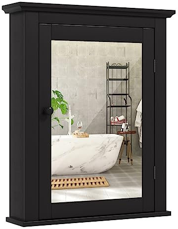 COSTWAY Spiegelschrank Bad, Wandschrank mit Spiegel, Badezimmerspiegelschrank Hängeschrank Holz, Badezimmerspiegel mit verstellbarem Regal, Medizinschrank Mehrzweckschrank (Black)