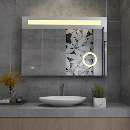 MIQU Badspiegel LED 120x80 cm Badezimmerspiegel mit Beleuchtung warmweiß/kaltweiß dimmbar Lichtspiegel Wandspiegel Touch + Vergrößerung + beschlagfrei rechteckig 80x120