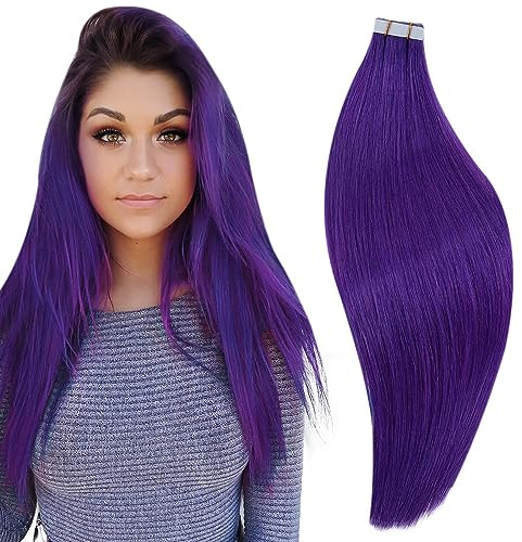 RUNAUTRE Tape Extensions Echthaar Lila Menschliches Haar 35cm Remy Tape in Extensions Echthaar Lila Unsichtbare Extensions Echthaar Tape Gerade Haarverlängerung 20g 10 Stück #Purple