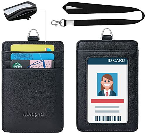 Cow Leather ID Badge Holder with Lanyard(Full Grain Leather,3*4.5),1 Clear ID Window and 3 Card Slots, Nylon Neck Lanyard with rotatable and Removable Metal Clasp, Vertical Name Badge Holders