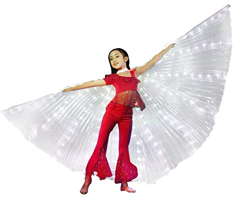 Tongdejing Bauchtanzflügel, LED-Bauchtanzflügel, leuchtender B-Fly-Flügel mit Teleskopstab für Kinder, LED-Flügel, Bauchtanz, Halloween, Bühnenkleidung (weiß)