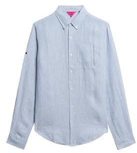 Superdry T- Shirt Studios Linen BD L/S Chemise, Blue Bonnet Stripe, XL Homme