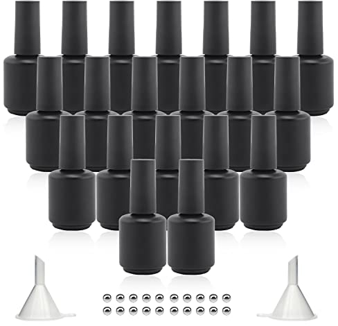 Agidea Empty Gel Nail Polish Bottles 15ML with Brush, Opaque Round Refillable Fingernail Polish Bottles UV Safe with Mixing Balls & Funnels, Pack of 20 (Matte Black)