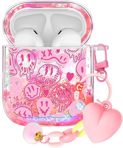 Kokaaee for Airpod Case 2nd & 1st Generation Cover Kawaii Funda Cute Aesthetic Girl Women Protector Liquid Glitter Sparkly Face Design Estuche Keychain Y2K Girly for Apple Air Pod 1/2 Gen