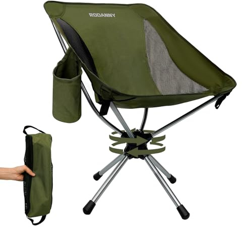 RODANNY 360° Swivel Folding Camping Chair, Green, Aluminum Frame, Oxford Cloth Seat, 300 lbs Capacity, Outdoor Use