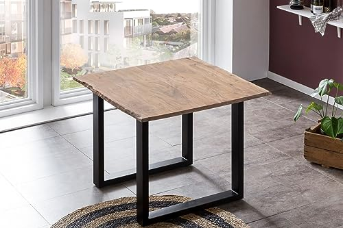 Bett11 SAM B-Ware Esszimmertisch 90x90 cm Becky, Baumkantentisch aus Akazienholz, massiv + stonefarben, U-Metallgestell Schwarz, Esstisch mit echter Baumkante